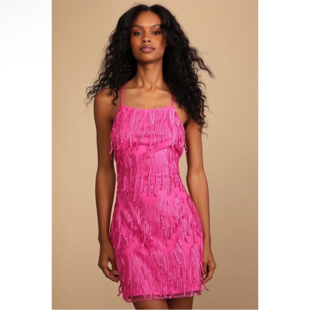 Making Magic Bright Pink Fringe Lace-Up Mini Dress 🩷